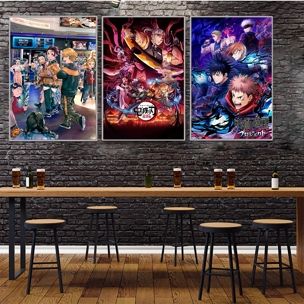 Японская аниме плакаты Jujutsu Kaisen и Demon Slayer изобразительное искусство на холсте для бара, учебы, дома, гостиной декорации Картины.