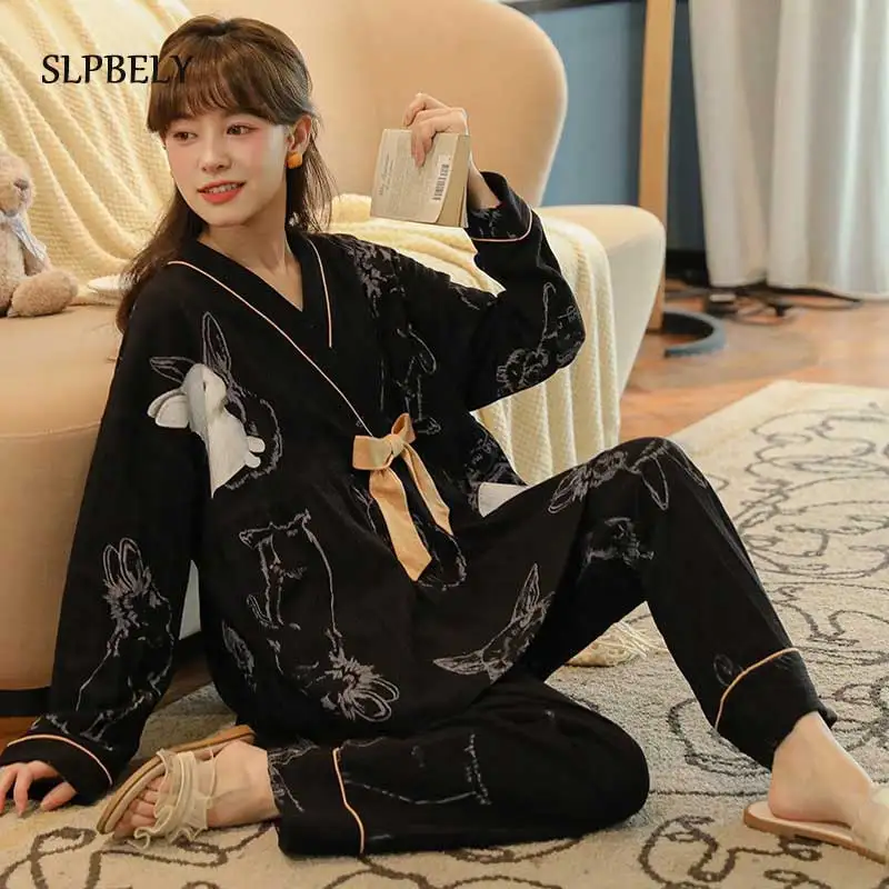 

SLPBELY Japanese Kimono Pajamas Set For Women Cartoon Rabbit Long Sleeve Nightwear Pyjamas Sleepwear Homewear Loungewear pijama
