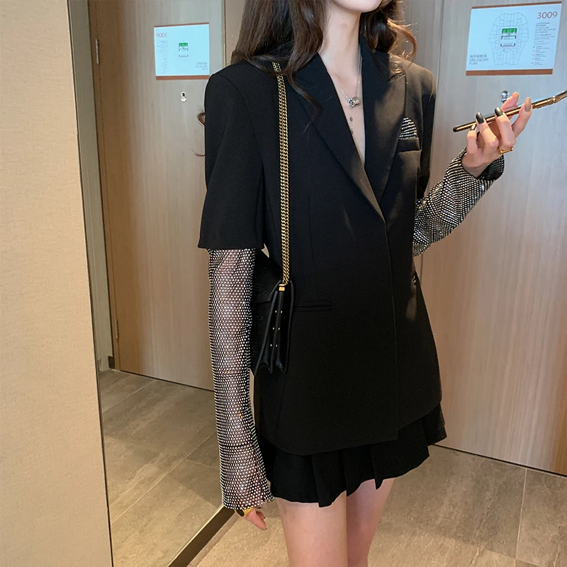 

Lady New Elegant Black Fake Two Piece Blazer Lapel Spliced Mesh Diamond Sleeve Hidden Breasted Suit Jacket Women Spring Autumn