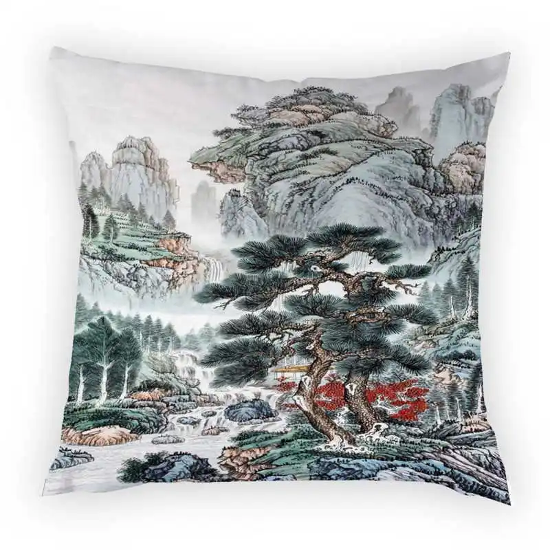Nature Landscape Chinese Style Cushion Cover Waterfall Lake Deciduous Forest Car Home Decorative Peach Skin Pillow Cases 45*45cm | Дом и сад