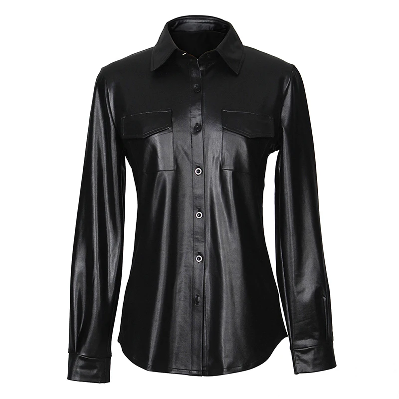 

GAOKE European And American-Style Nightclub Ladies Sexy WOMEN'S PU Leather Long-Sleeve Shirt Hot Selling