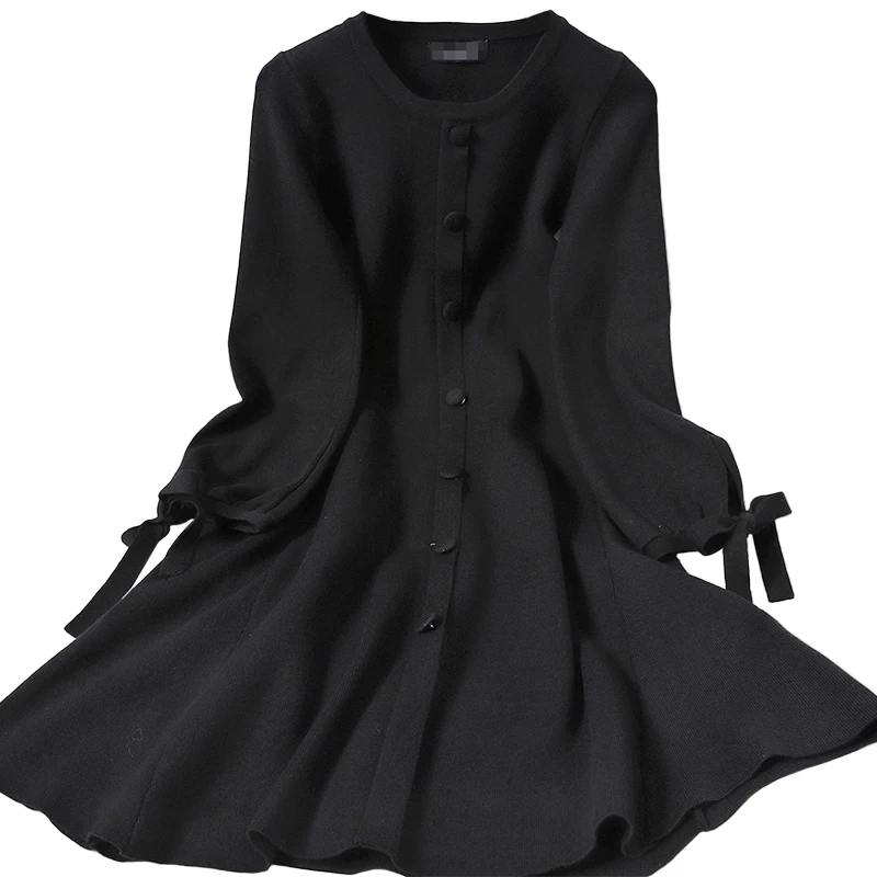 

A-line dress for winter wear thin and versatile pure color knitting with cuffs and round neck dress for women