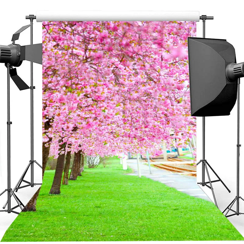 Розовый Вишневый лес фон для фотосъемки зеленый газон весенний День рождения