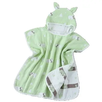 Bear Green Хлопок марля 6-слойное бальное платье Детское банное Полотенца с меховым капюшоном Детские пончо Животные колготки для младенцев с рисунком Пляжная накидка Полотенца - Цвет: Bear Green