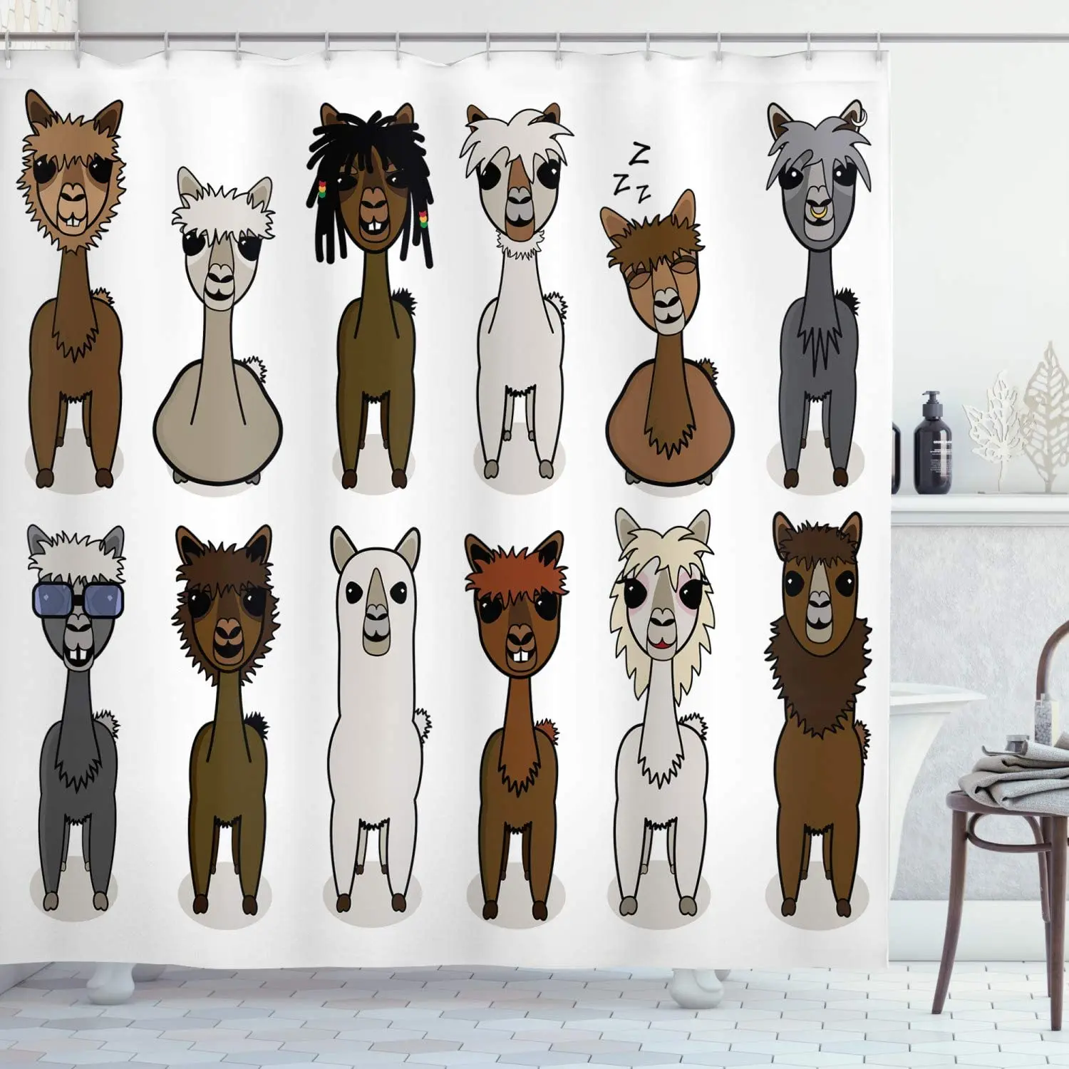 

Funny Cartoon Shower Curtain Charismatic Alpacas Cute Owl Panda Animal Children Fabric Bathroom Decor Set with Hooks Brown Grey