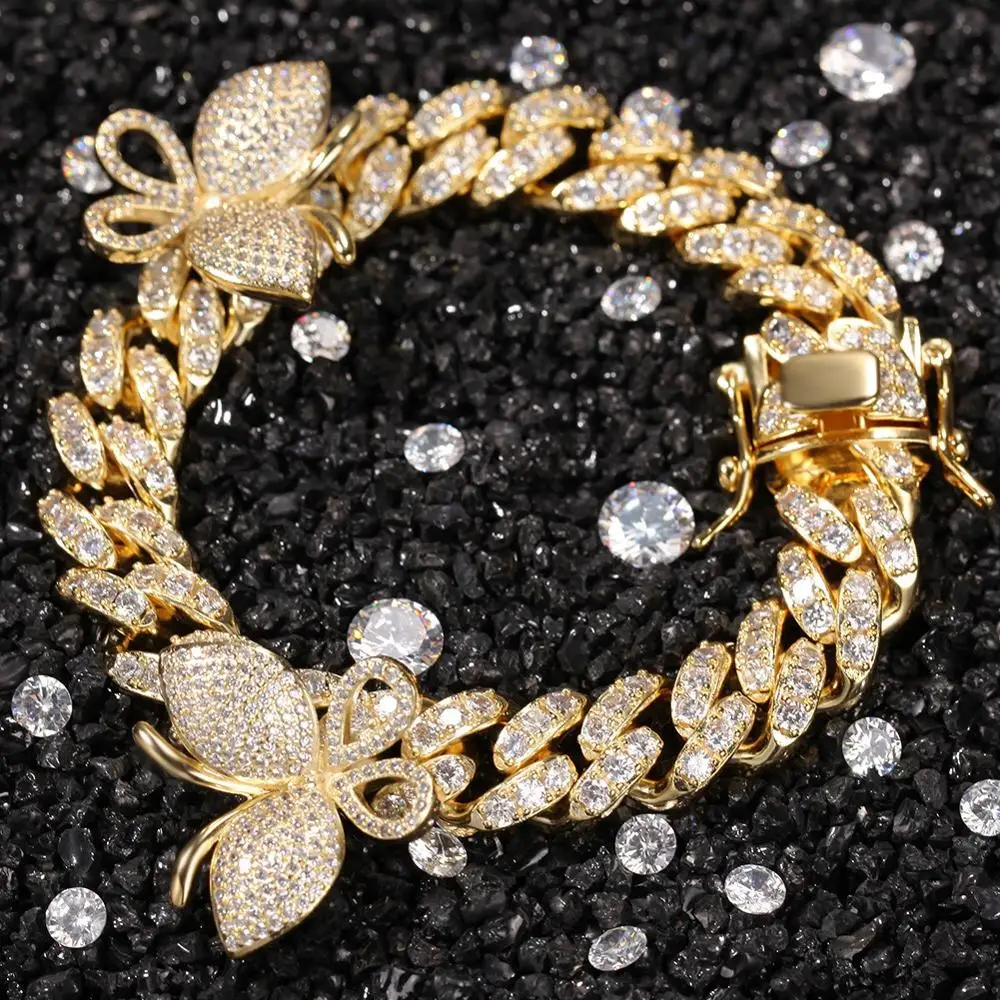 

Pink Butterfly with 12mm cuban link chain Iced Out Zircon Bracelet For Men Women Gift Bling Jewelry Fashion Hiphop