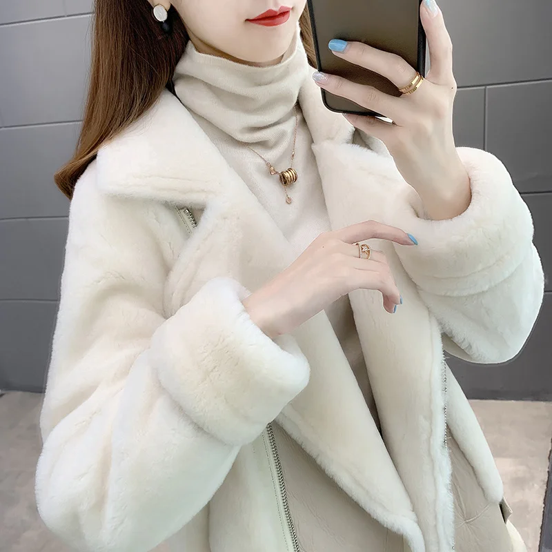 

SHZQ 2021 Fur All-in-one Coat Women's Locomotive Lamb Wool Leather Short Sheep Sheared Cashmere Women's Fur Coat Winter