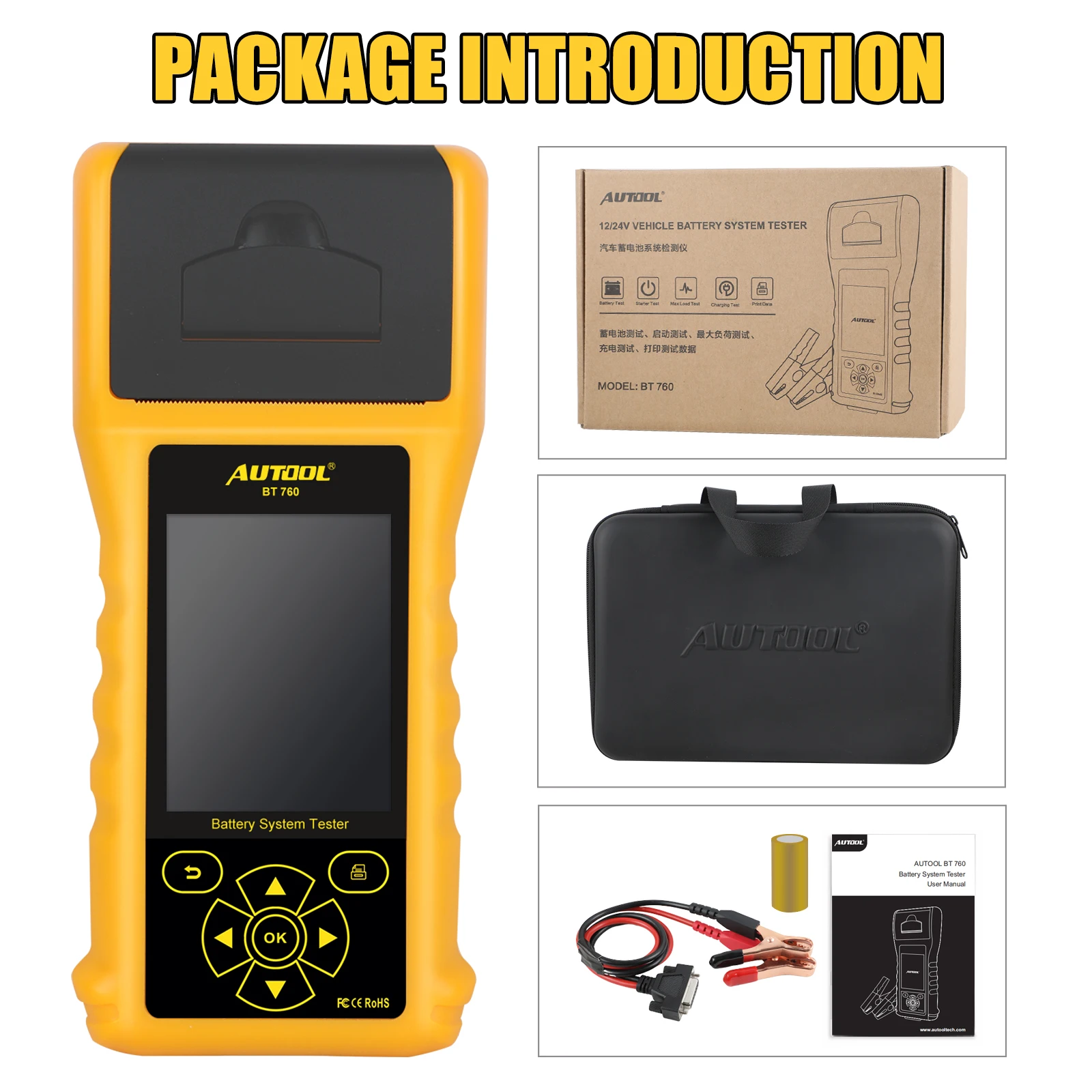 

AUTOOL Car Battery Tester with Thermal Printer 12v 24V 36V Vehicle Auto Multi-language Battery Tester Analyzer Diagnostic