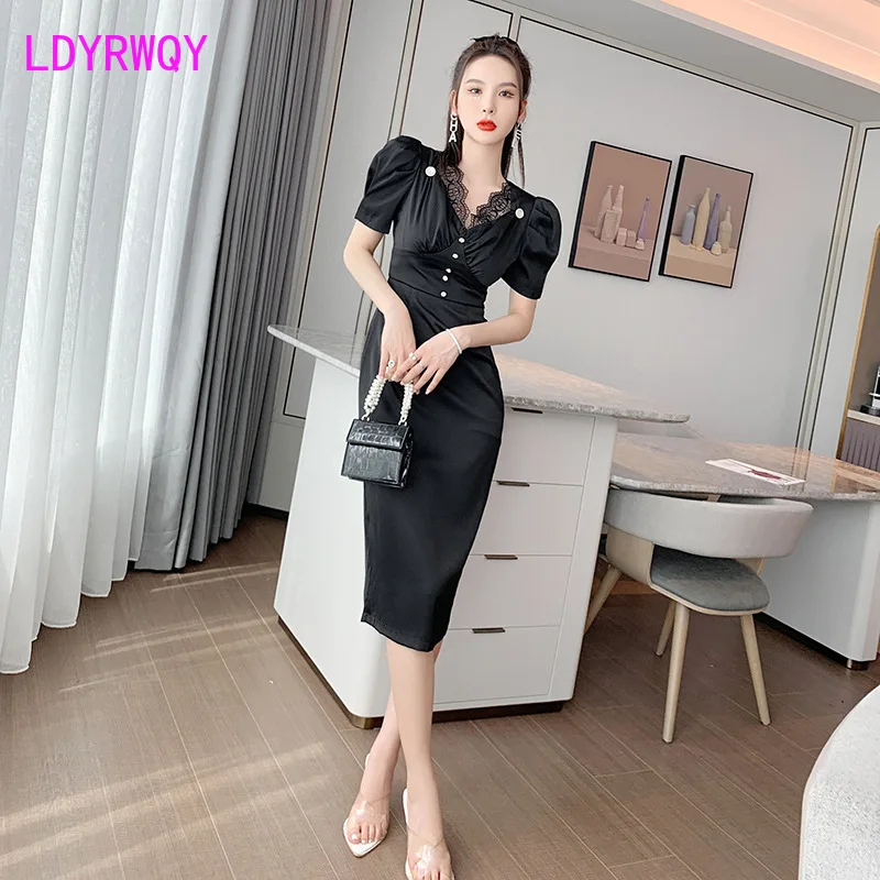 

LDYRWQY Summer 2021 Hepburn style v-neck lace stitching side bag hip dress Office Lady Zippers