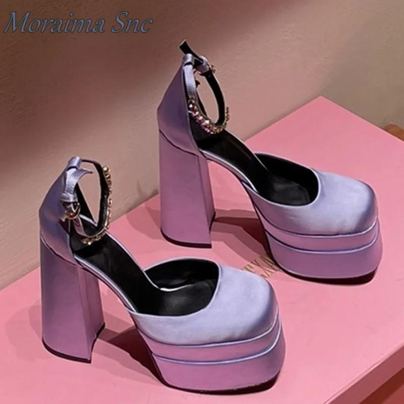 Moraima Snc Pumps Buckle Strap Silk Black High Platform Square Toe Women Pumps Chunky High Heel New Fashion Autumn Spring Shoes