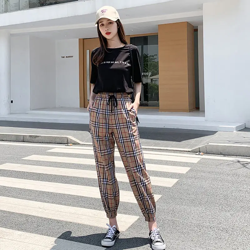 

2021 spring and summer new Plaid casual pants women's Retro High Waist Harlan radish pants 9-point Trend Sports Leggings