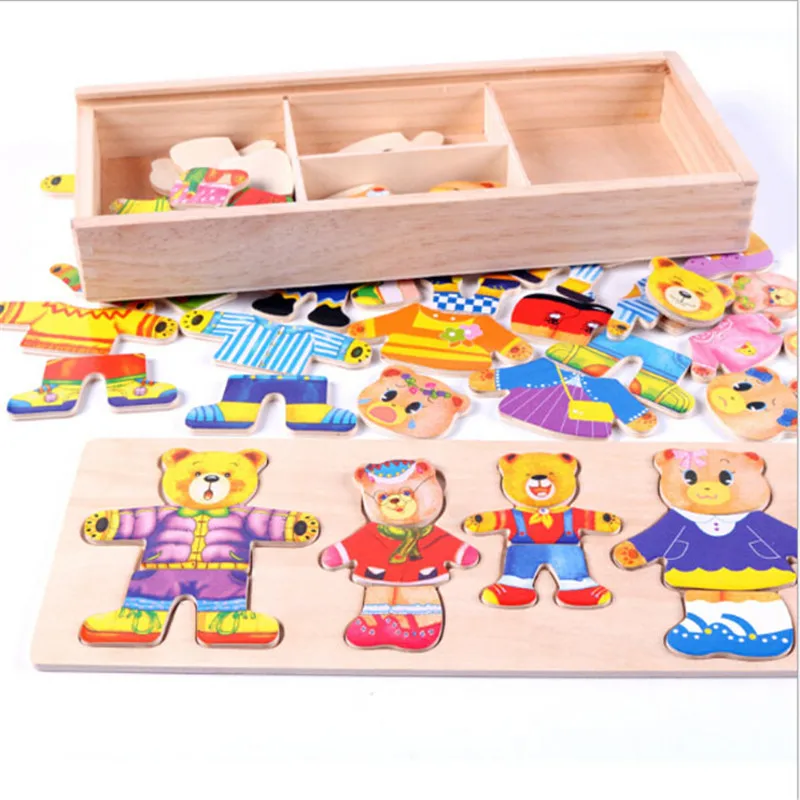 

Kids Children's Wooden Toy Wooden Puzzle Set Baby Educational Toys Bear Changing Clothes Puzzles Hot Sale