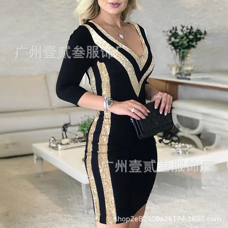 

Sexy Summer Dress Women Sequined Patchwork Half Sleeve V Neck Slim Womens Pencil Dress Lugentolo