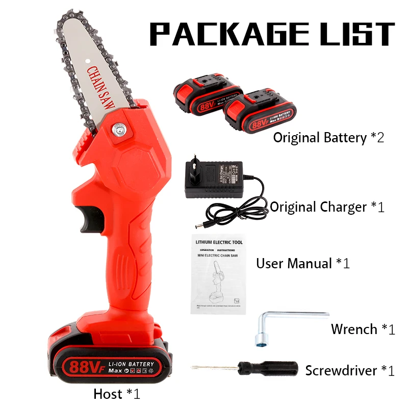 88V 1200 Вт Мини Электрическая цепная пила литий Батарея Обрезка с помощью одной руки садовый инструмент с цепными пилами Перезаряжаемые деревообрабатывающий инструмент