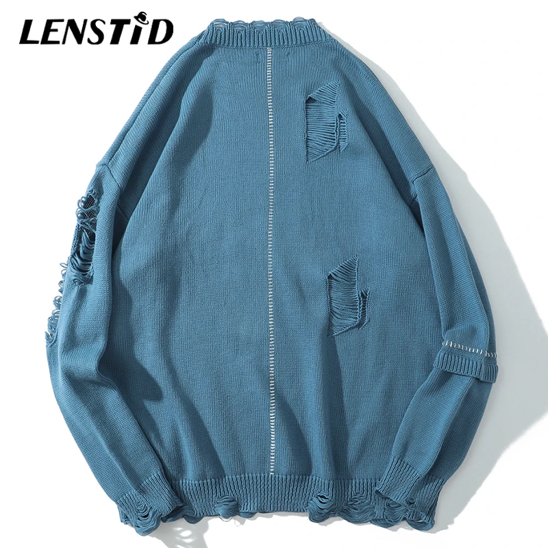 Вязаный джемпер LENSTID мужской в стиле хип-хоп свитер с рваными отверстиями