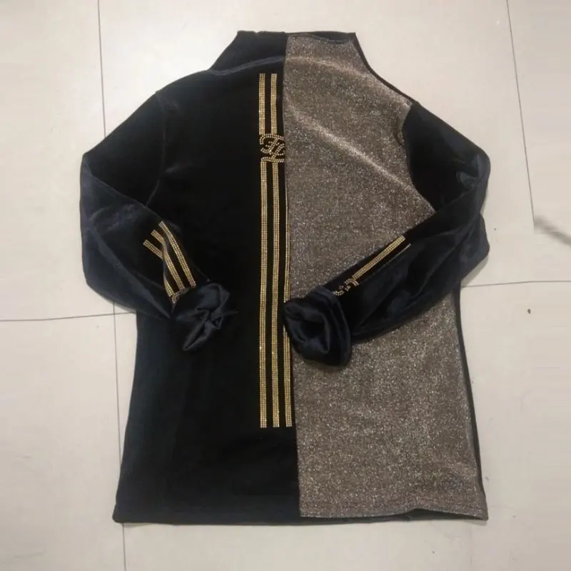 Winter Female T-shirt Bright Silk Stitching Plus Size T Shirt Women Velvet Half-high Collar Bottoming Fashion | Женская одежда