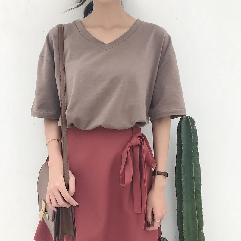 Летняя женская футболка с коротким рукавом однотонная Корейская Повседневная v