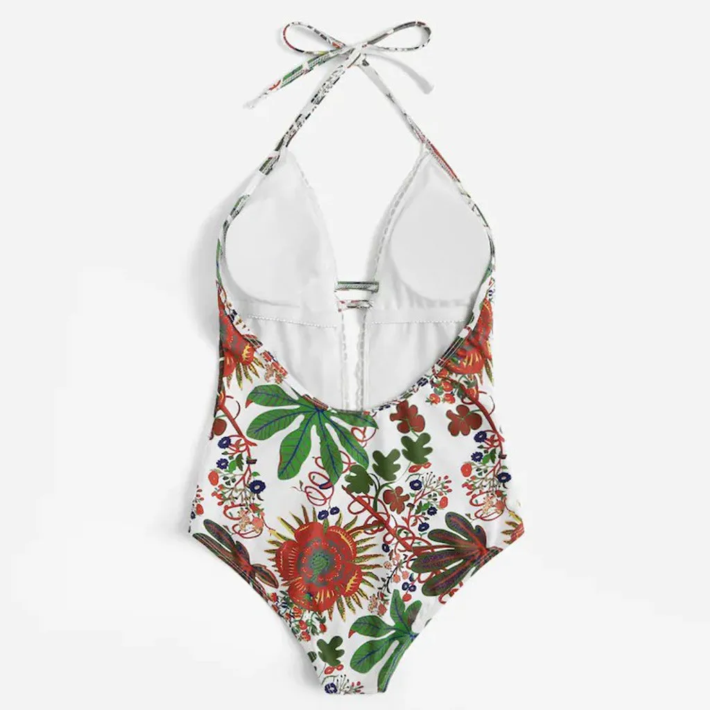 Vintage Deep V sexy Printing Bandage cross 1-Piece Bikini Push-Up Pad Swimwear High waisted Botton Backless Beachwear купальник |
