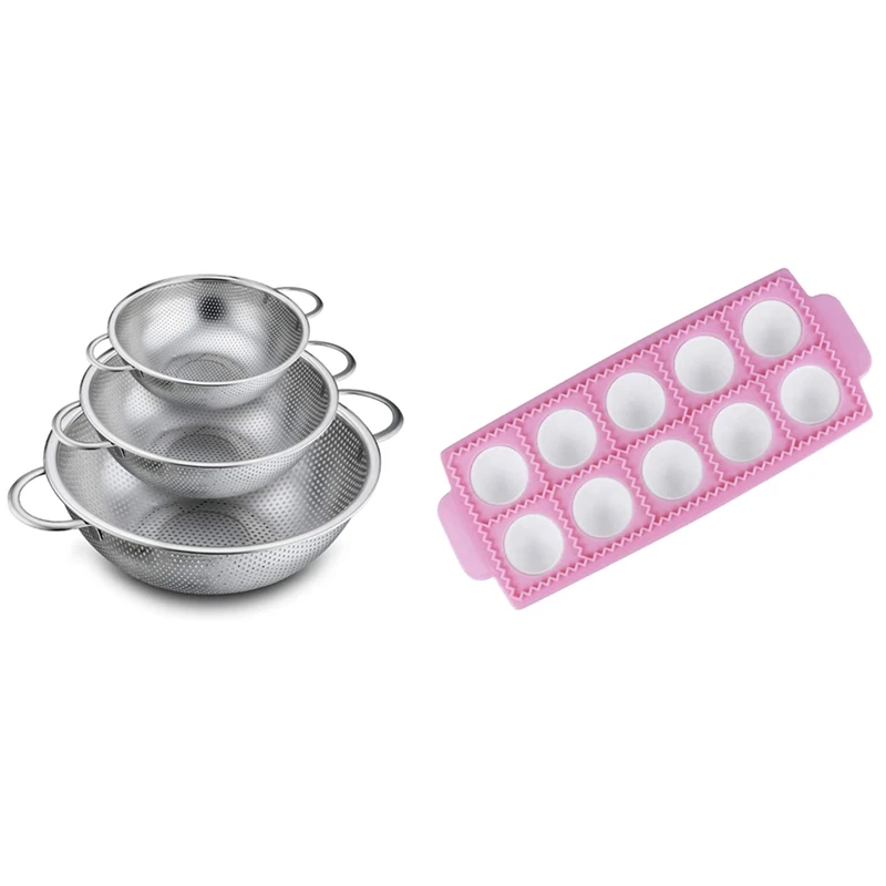 

Colander Set Of 3, Stainless Steel Colander Strainers & 1X Ravioli Mould Round Ravioli Maker Tray 10 Grids