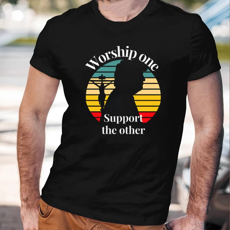 

2021 Hot Sale Jesus Worship One and Support The Other Christian Men's Cotton T Shirt Casual Short Sleeve Black White Tops