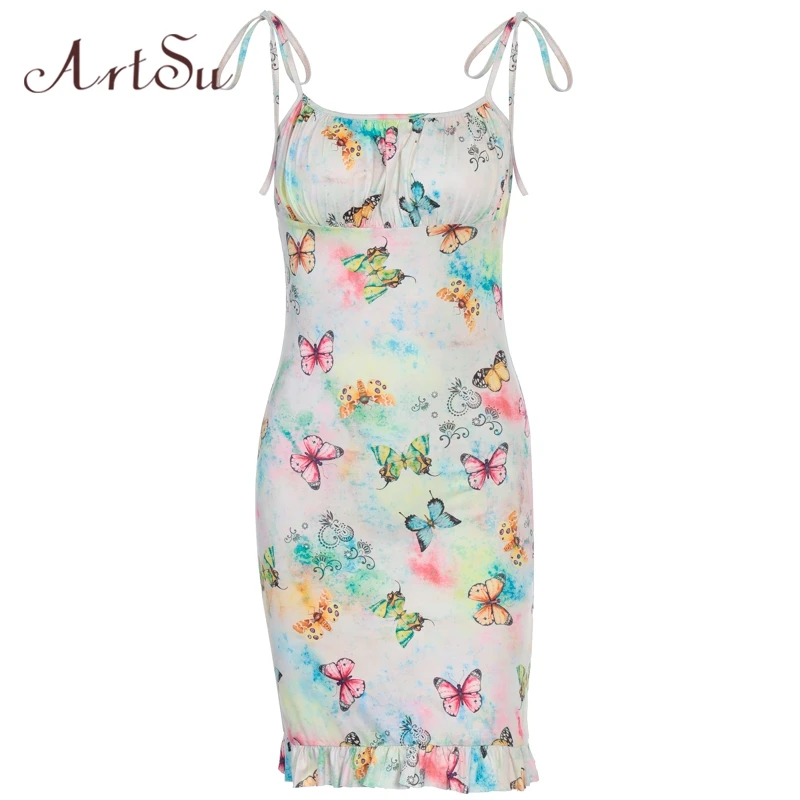 Женское облегающее мини-платье на бретельках с принтом бабочки | Женская одежда
