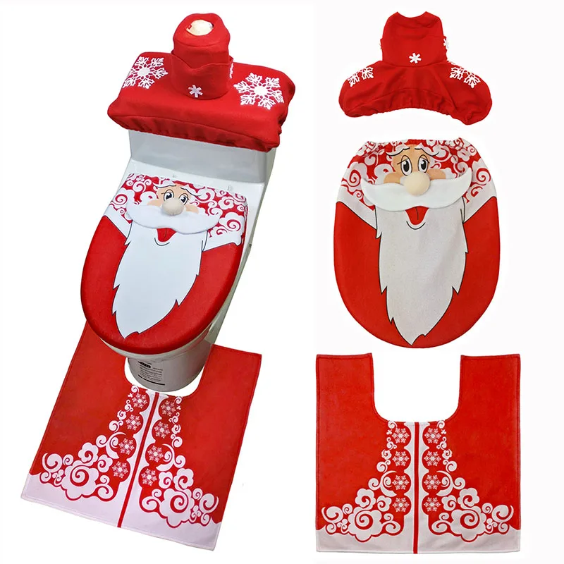 

3Pcs Toilet Seat Cover Christmas Santa Claus Bath Floor Pad Water Tank Tissue Bag Xmas Ornaments Bathroom Closestool Decoration