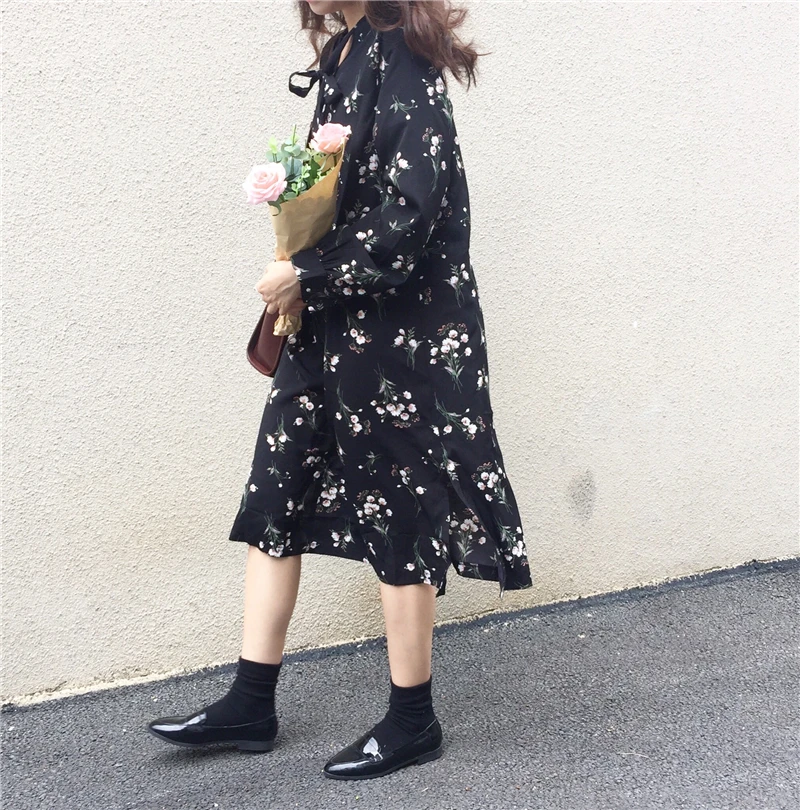 Элегантное осеннее платье с цветочным принтом для женщин 2020 корейские