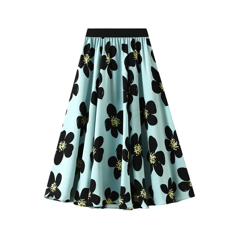 

Big Flower Print Mid Long Skirts Women Fashion Korean Style Elastic Waist Pleated Skirt Summer Fall New Holiday Faldas Mujer