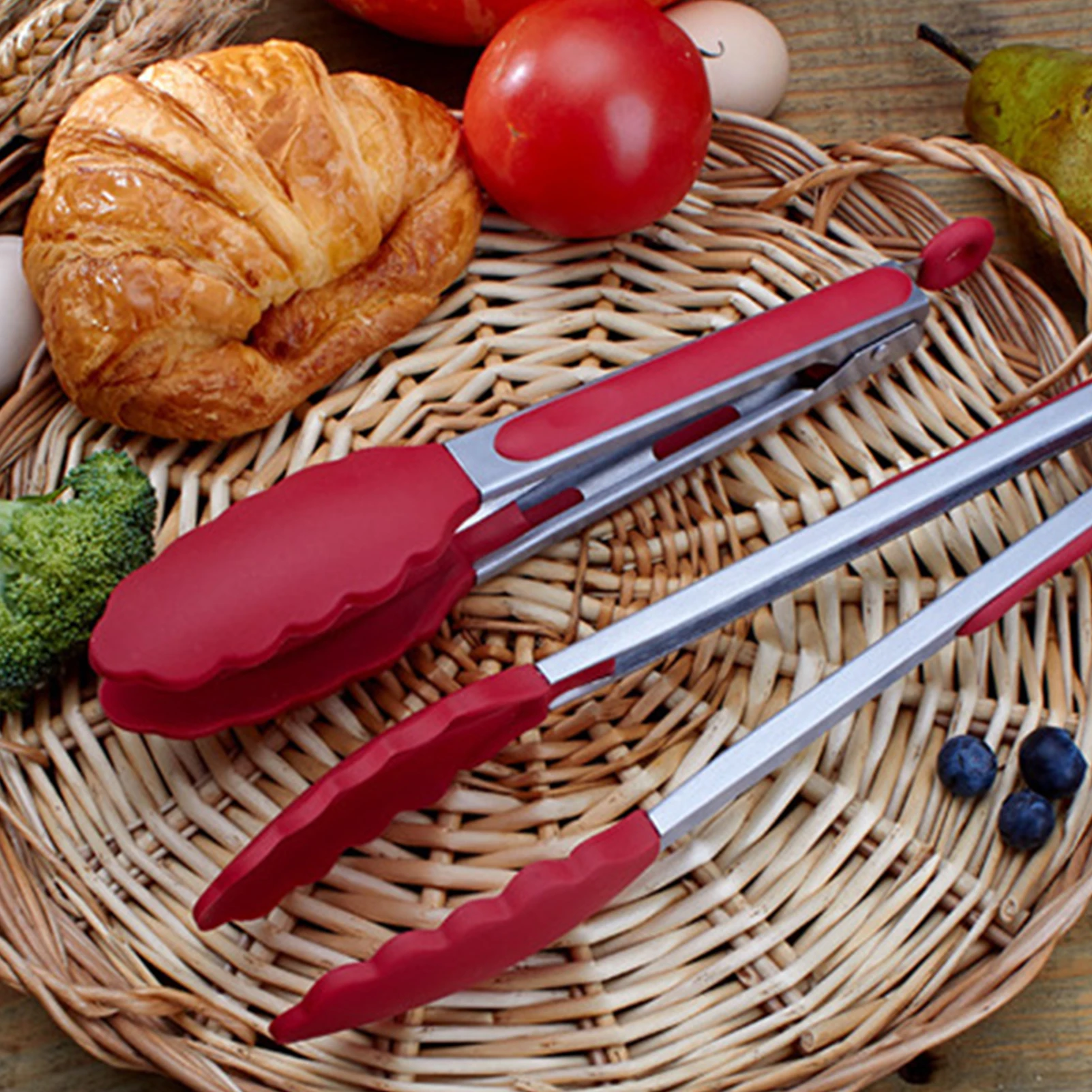 

3-piece silicone food tongs, stainless steel barbecue tongs, heat-resistant handles, kitchen temperature-resistant food tongs