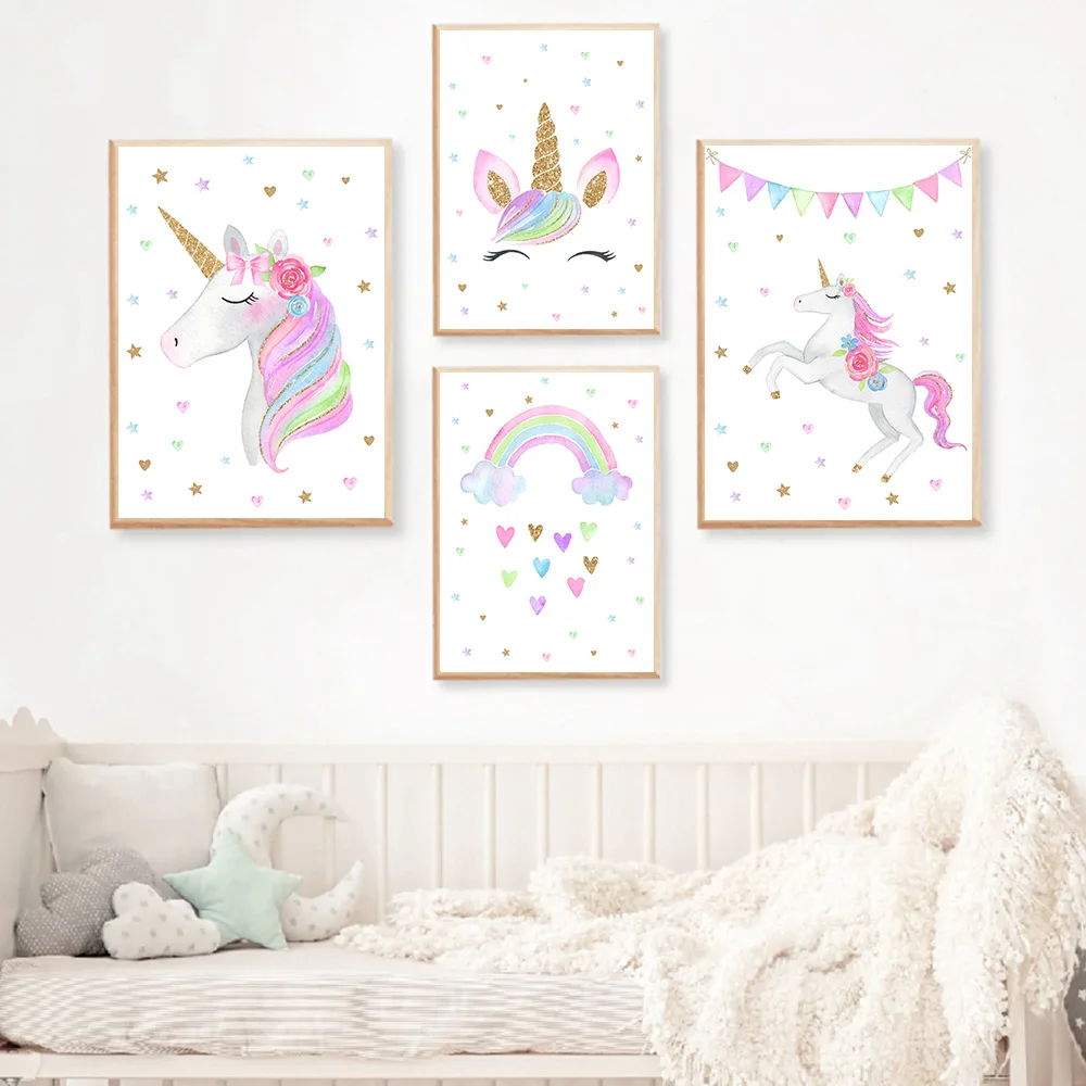 

Cute Cartoon Rainbow Unicorn Wall Art Posters and Prints Baby Nursery Canvas Paintings Wall Picture for Girl Kids Bedroom Decor