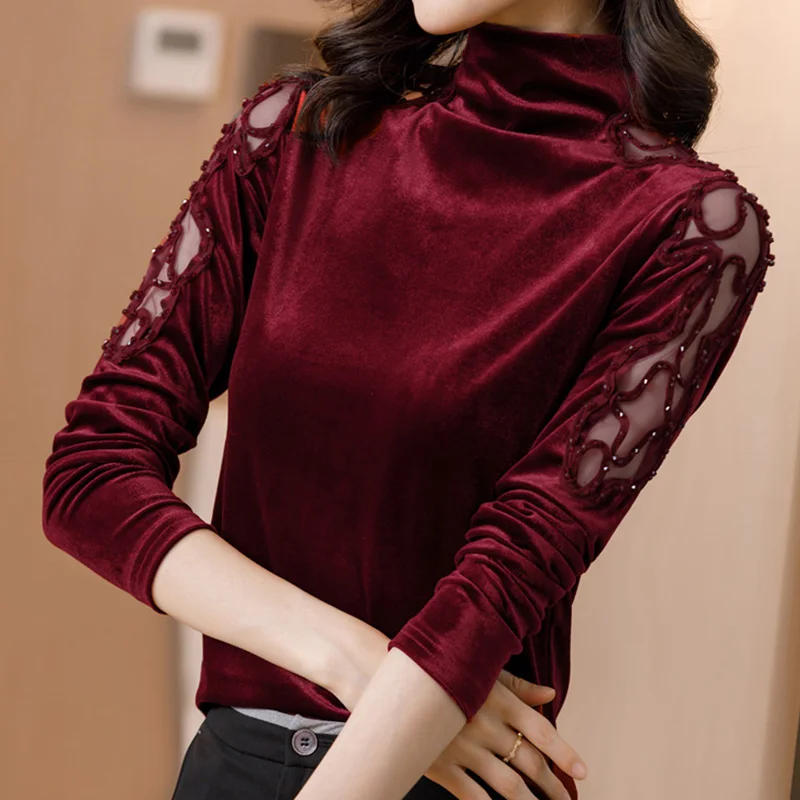 

New 2021 Autumn winter woman tshirts Korean fashion slim high neck velvet t-shirt embroidered long sleeve bottoming shirt