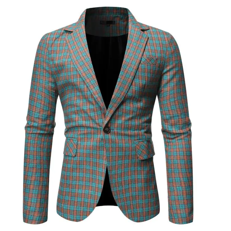 Клетчатый мужской пиджак повседневный приталенный костюм на одной пуговице