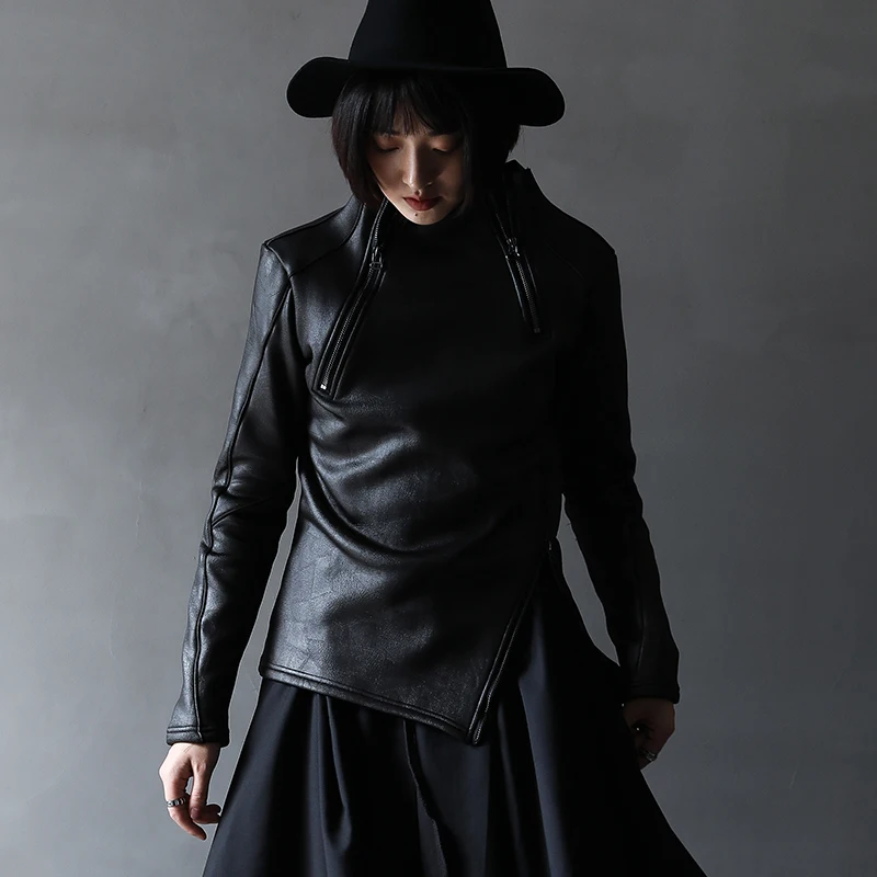 UMI MAO Dark Yamamoto Style Irregular Stand Collar Diagonal Zipper Faux Leather Sweatshirt Female Cool Black Gothic Jacket Y2K enlarge