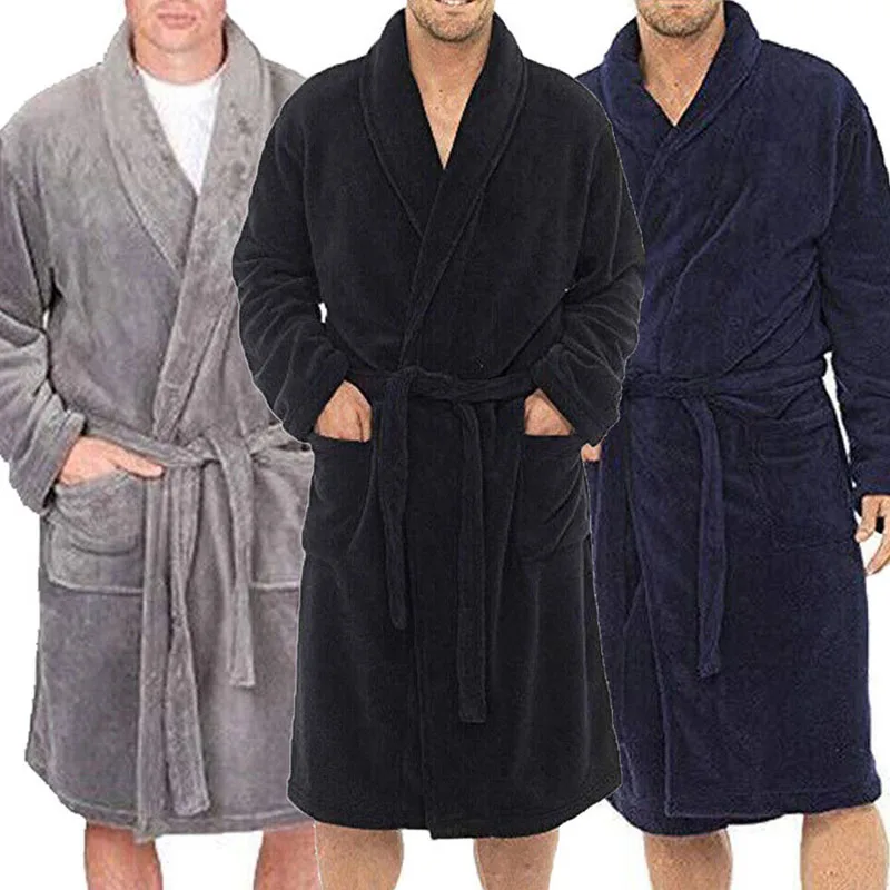 

IMCUTE Winter Velvet Thick Warm Bathrobe Robes Men's V-neck Long-sleeved Plush Pajamas Home Leisure Loose Lace-up Nightgown