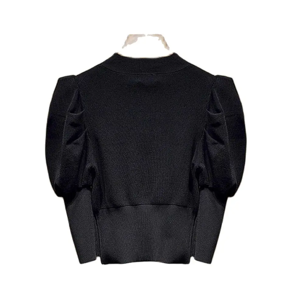 Женский винтажный свитер-туника с рукавами-фонариками и высоким воротником -