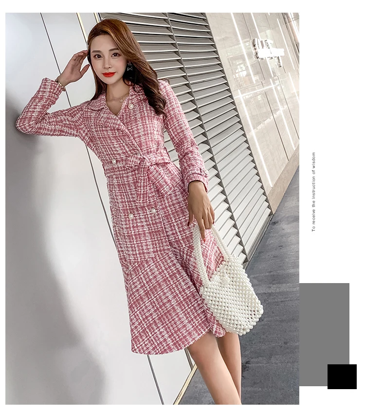 Autumn Winter Pink Plaid Tweed Wool Long Coat Women Notched Double Dreasted Sashes Ruffles Woolen Overcoat Mermaid Outerwear