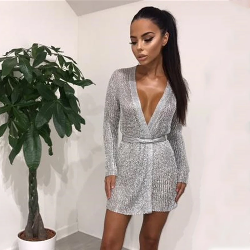 MIOFAR Женская однотонная жилетка с v-образным вырезом длинным рукавом мини платье