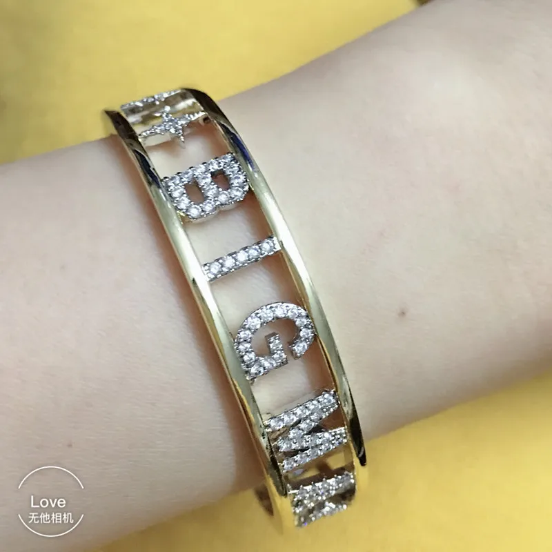 women female bangle zircon wide lettter BIG MAC SMILE FUN CRAZY LOVE AMORE AMOUR LOVE CRAZY bracelet positive sentence bangle