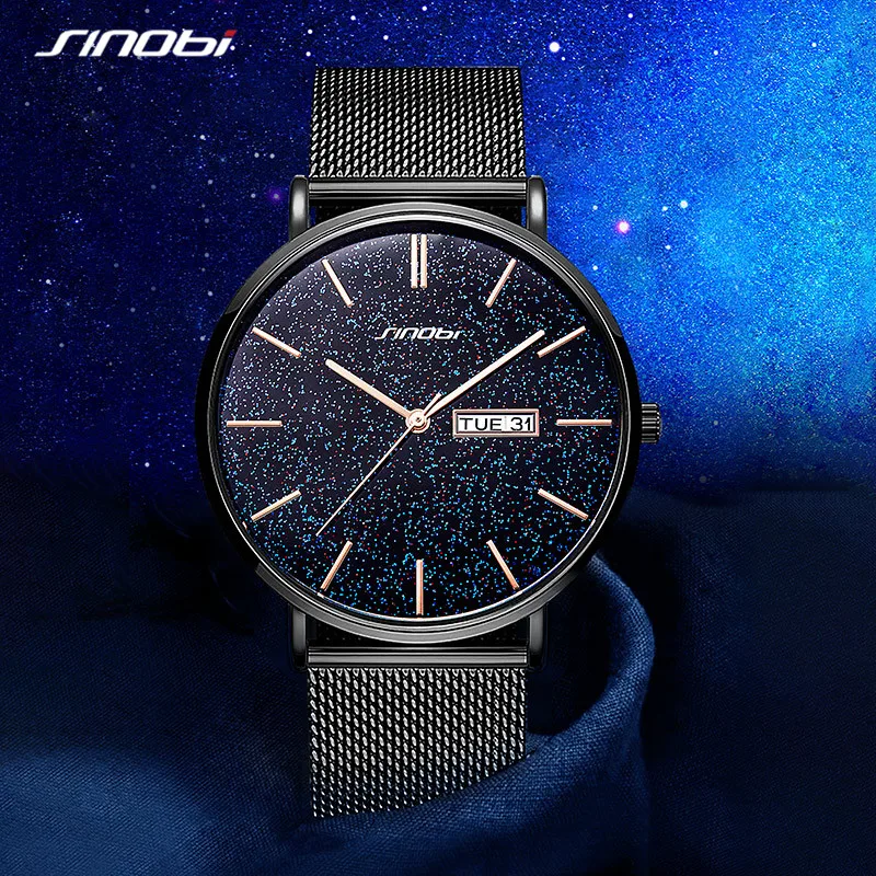Мужские кварцевые часы SINOBI модные с цветными вставками из нержавеющей стали