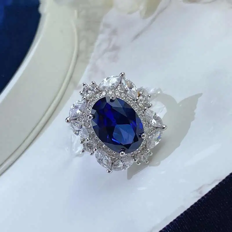 

8*12 mavi korindon safir yksek karbonlu elmas kadn yzk yzk 100% S925 ayar gm Vintage yksek tak