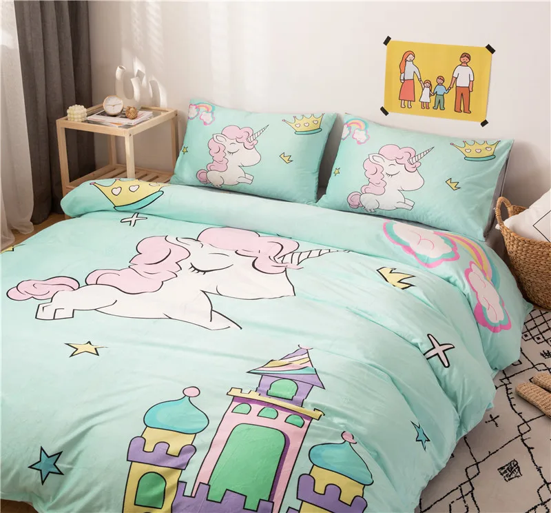 Cartoon Unicorn Dinosaur Printing Fleece Fabric Girl Child Bedding Sets Velvet Flannel Duvet Cover Bed sheet/Linen Pillowcases | Дом и сад