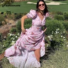 Платье женское длинное с цветочным принтом, с разрезом и рукавами-фонариками