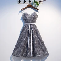 lovely gray bridesmaid dresses sweetheart spaghetti short summer party dress floral applique