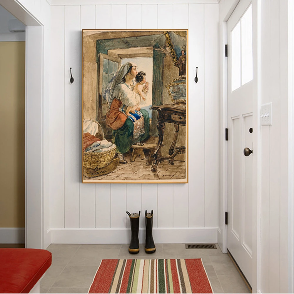 

Citon Canvas Karl Briullov《Italian woman with child at window》Art Oil painting Artwork Picture Modern Wall decor Home Decoration