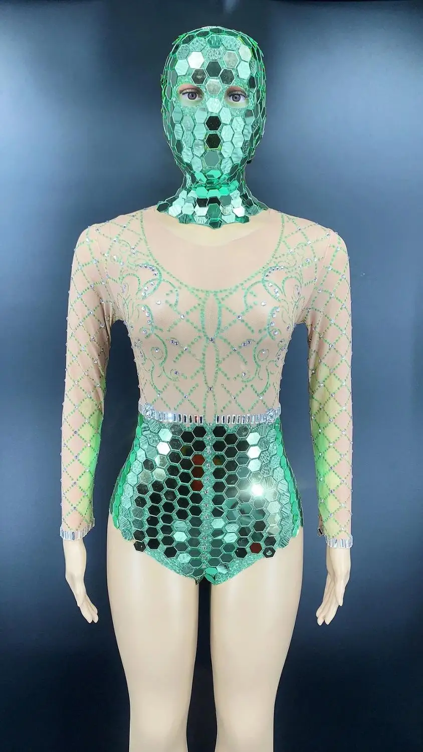 Sexy Stage Gold Mirror Silver Rhinestone Transparent Bodysuit Headdress Women Dancer Prom Wear Birthday Celebrate Bodysuit