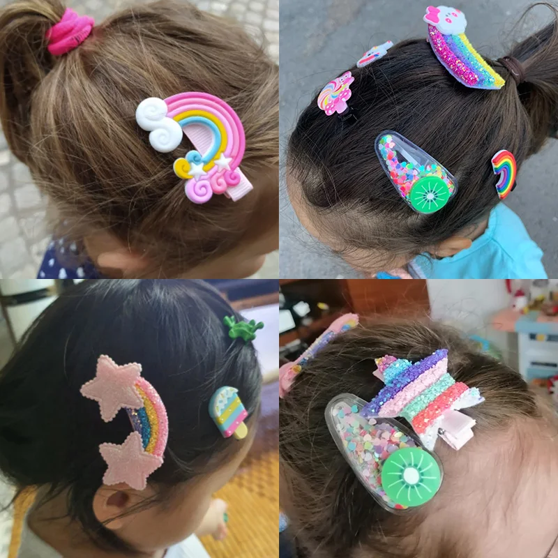 Girls' Rainbow Star and Flower Hair Clips Set, 3/5pcs Sweet Hair Ornaments, Fashion Hair Accessories Barrette and Headband image 4