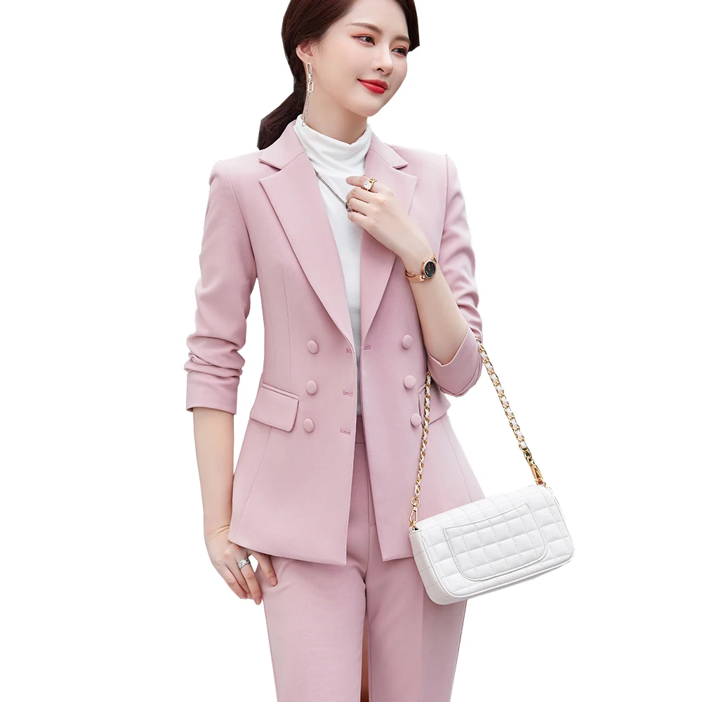 

Костюм брючный женский деловой, двубортный пиджак и брюки, Блейзер, для офиса, работы, черный синий абрикосовый розовый