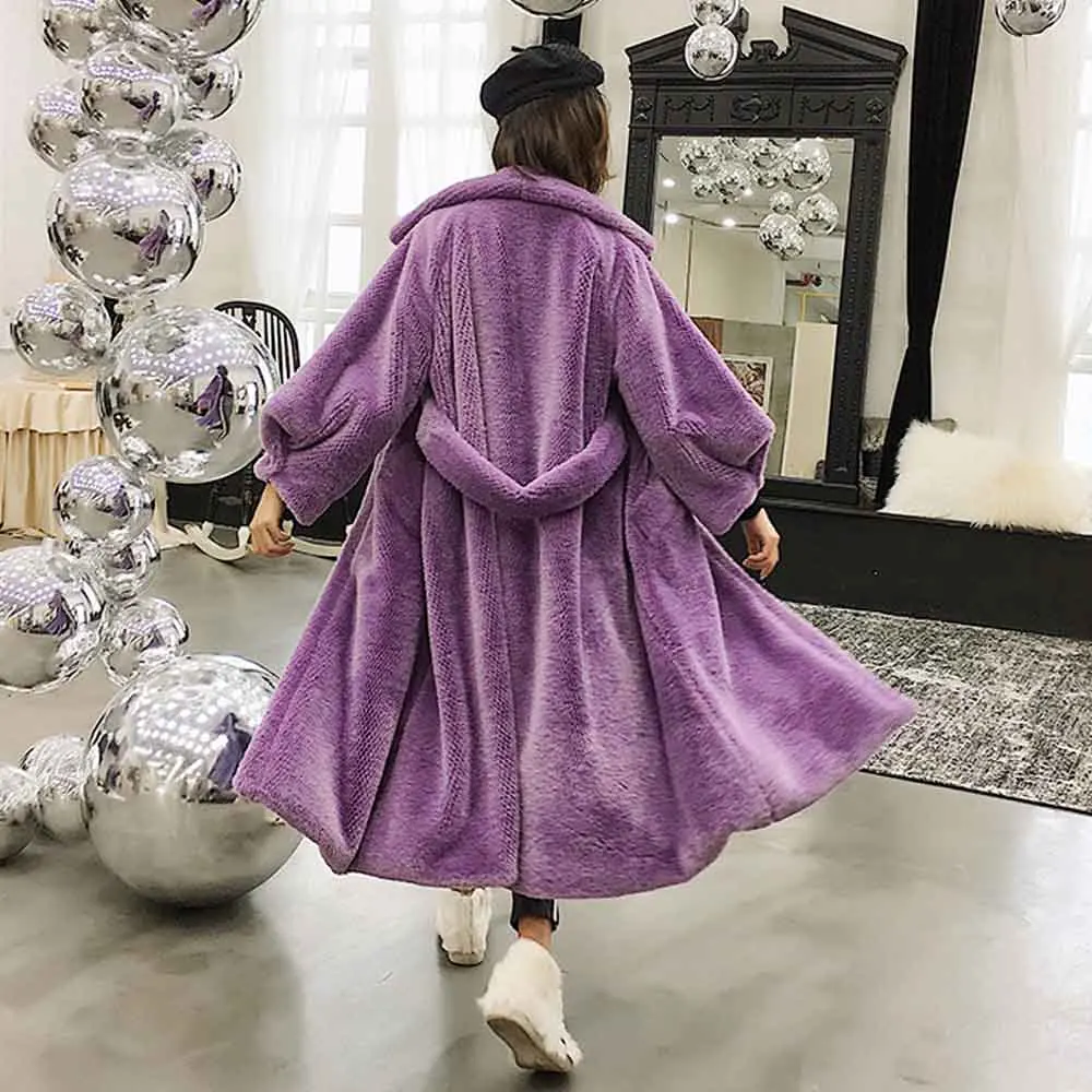 Purple TXJRH стильная мохнатая длинная куртка из искусственного меха норки Верхняя одежда с отворотом и карманами теплое пальто большие размеры Топы 4 вида цветов - Цвет: Purple