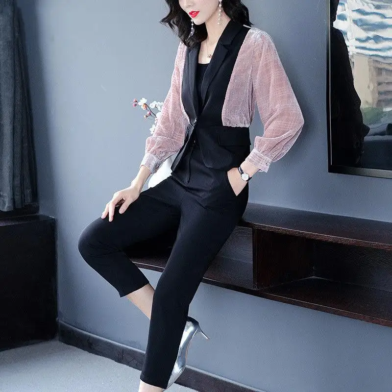 

New 2020 Spring Autumn Women Casual Elegant Pants Suit Female Patchwork Long Sleeve Tops & Slim Trousers Office Wear Suits R173