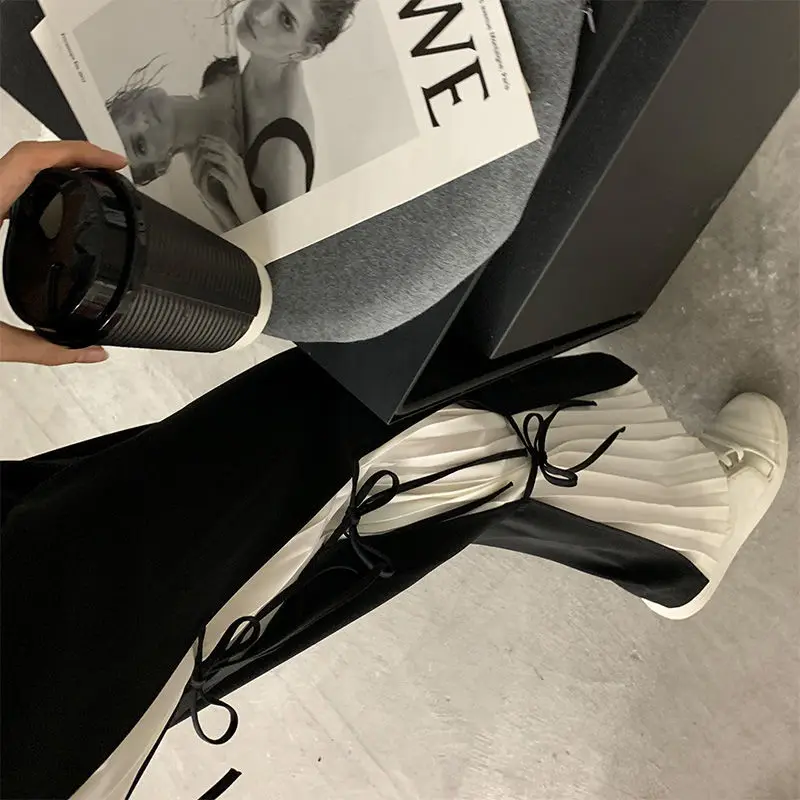 

Women Suit Pants Bow Tie Splicing Wide Leg Pants Korean Casual Pleated Lace-up Straight-leg Pants High Quality Loose Streetwear